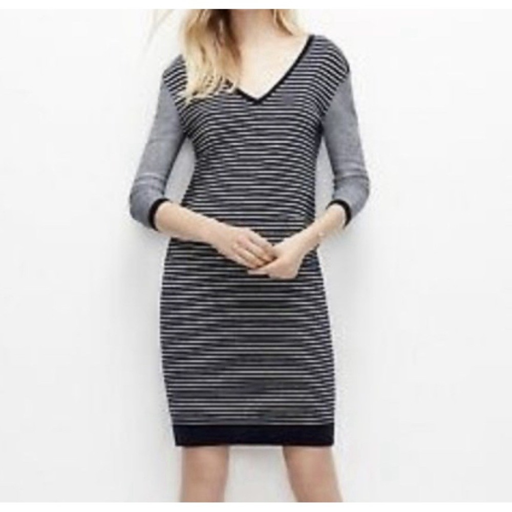 Ann‎ Taylor Striped V-neck Sweater Dress Women L Petite Navy White Career Casual